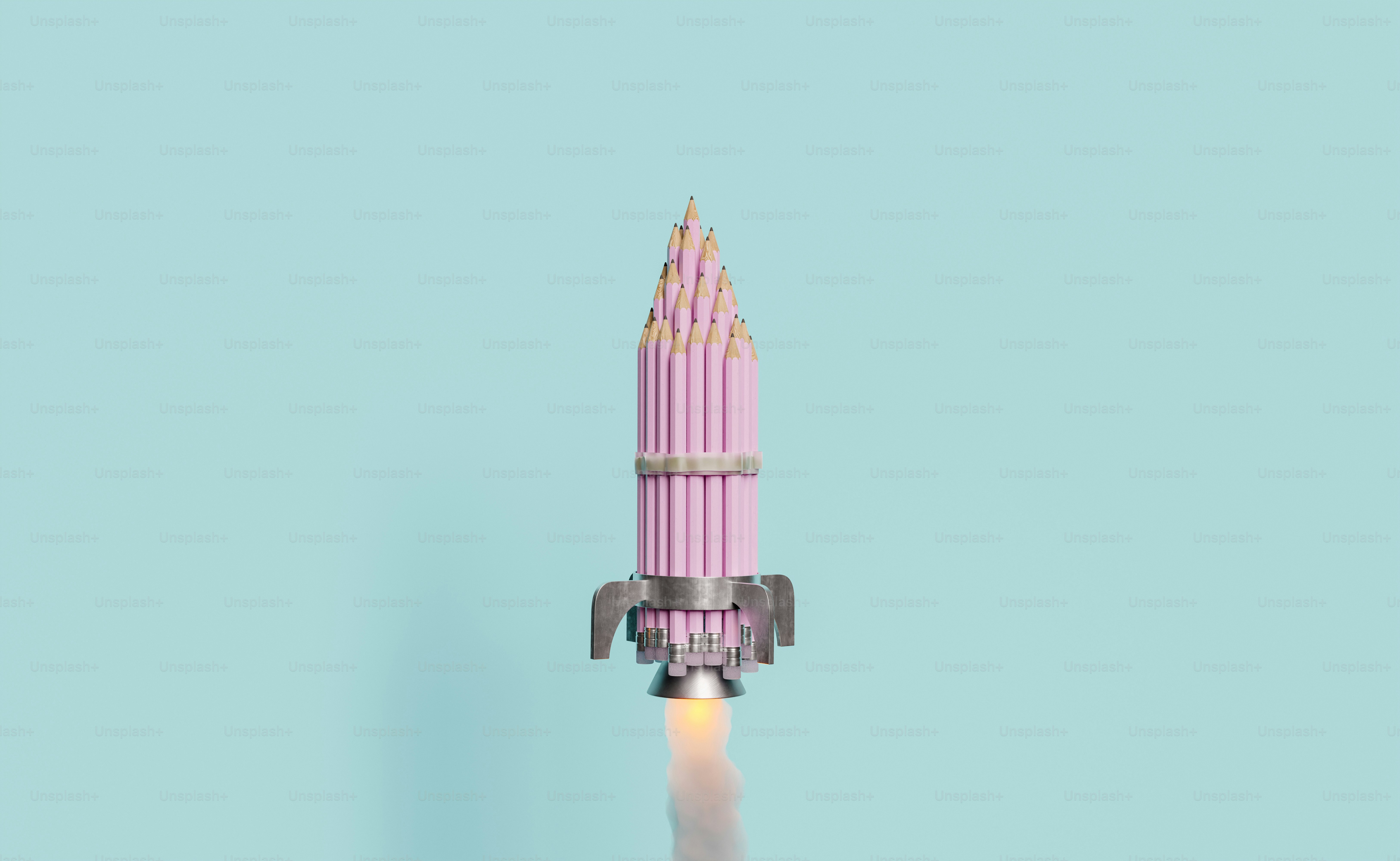 handmade rocket with pencils, taking off and shooting fire. 3d rendering